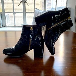 Boden black patent leather booties